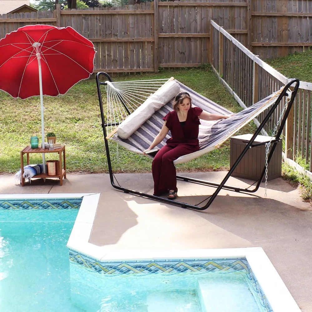 Double Quilted Fabric Hammock with Universal Steel Stand - 450-Pound Capacity - Black Stand