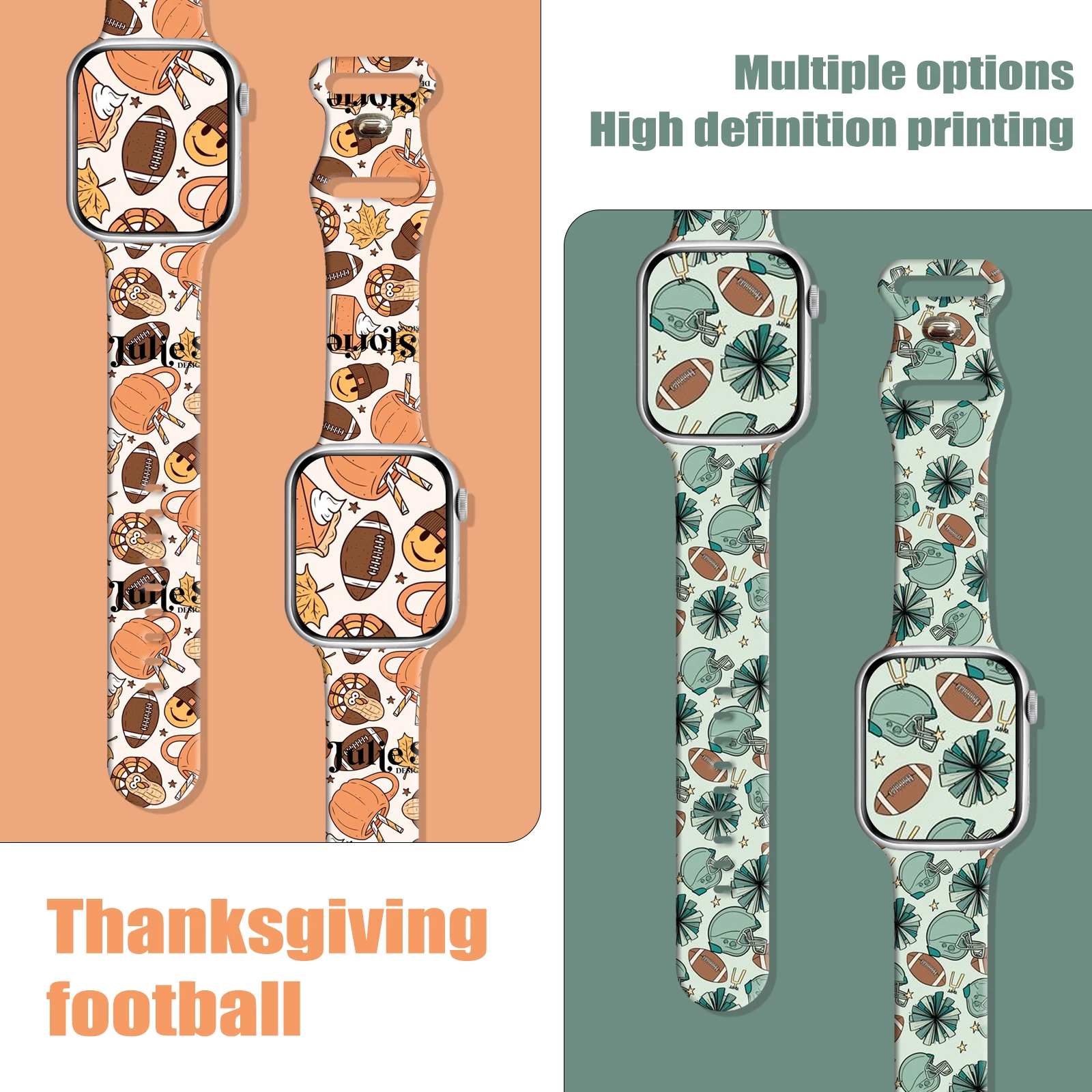 Bracelet en silicone imprimé pour Apple Watch, série Thanksgiving Rugby, 9, 8, 7, SE, 6, bracelet de subdivision pour iWatch, 45mm, 42mm, 41mm