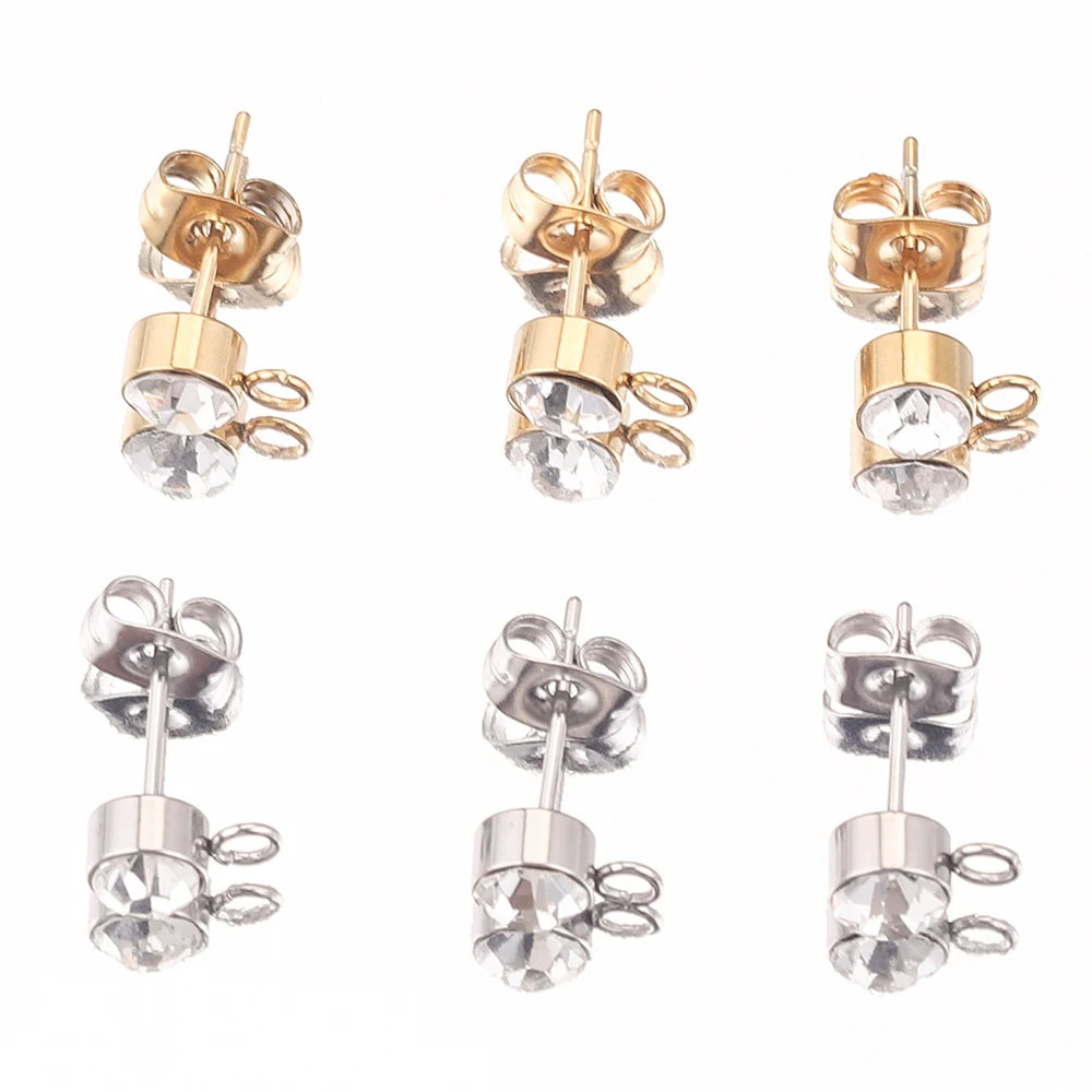 

20pcs 3/4/5mm Gold-Plate Rhinestone Stainless Steel Ball Earring Post Studs with Loop for Connectors DIY Earrings Jewelry Making