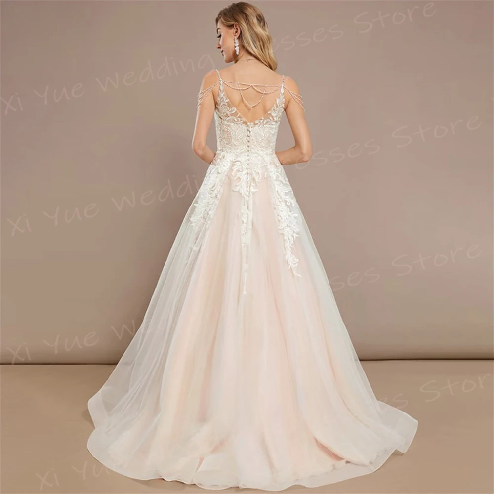 Mulheres elegantes vestidos de casamento em linha, apliques bonitos, vestidos de noiva, cintas de espaguete, sem mangas, requintado