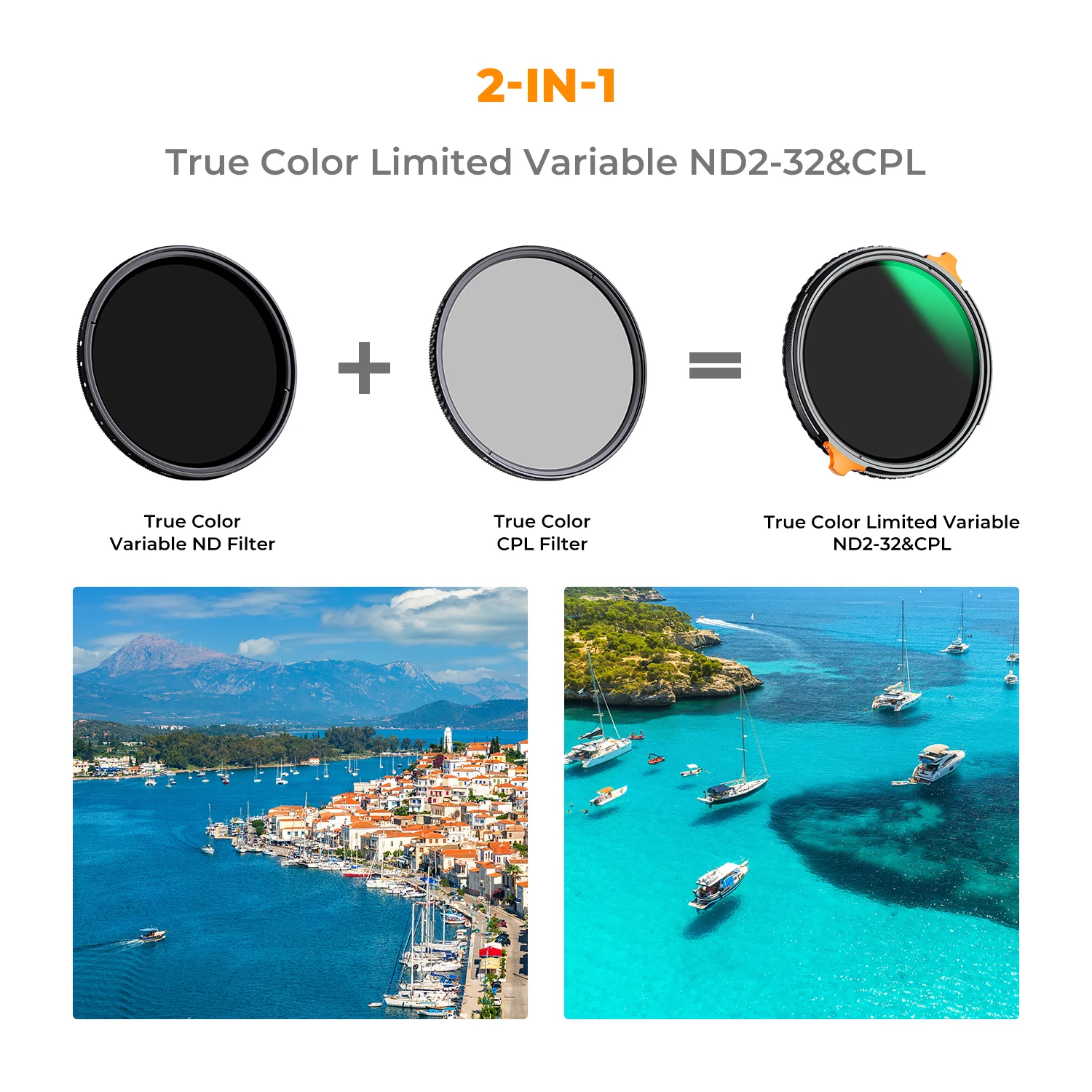 K&F Concept True Color Variable ND2-32&CPL Polarization 2 in 1 Filter,49mm-82mm,No Black 