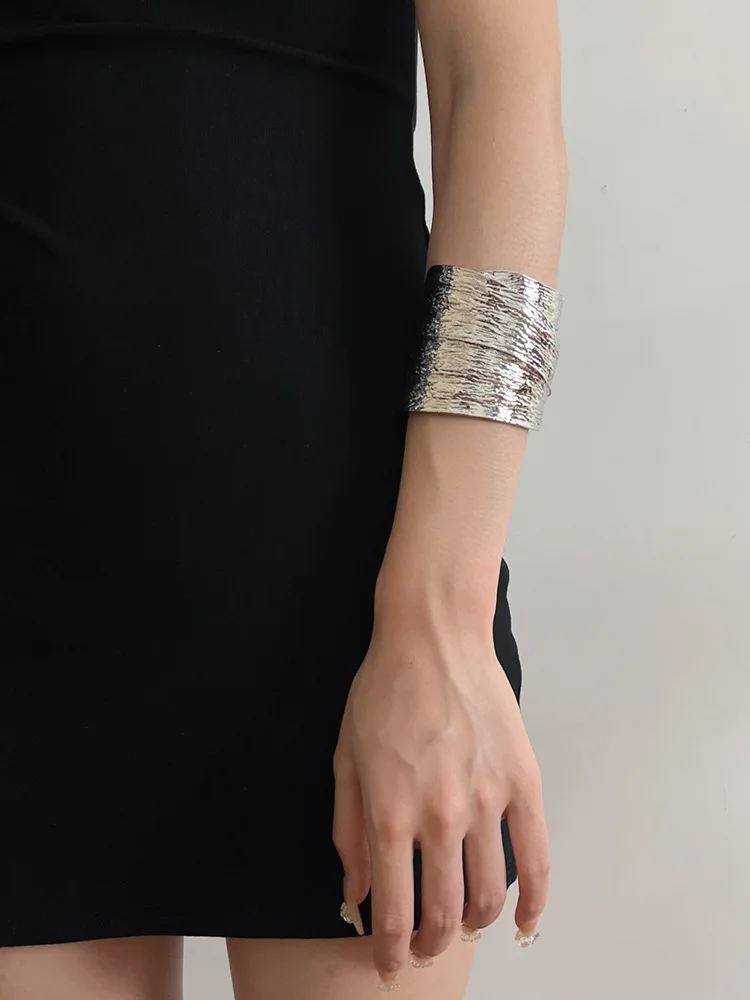 Vintage Irregular Metal Texture Wide Open Bracelets Bangles For Women Gold-plated Exaggerated Chunky Adjustable Jewelry