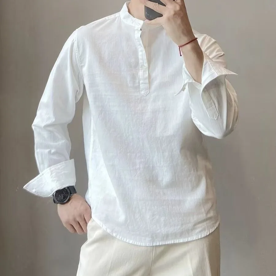 

Men's Cotton Long Sleeve Shirt Henry Collar Loose Fit Overhead round Neck Spring Autumn Lightweight Matures Style Button Open