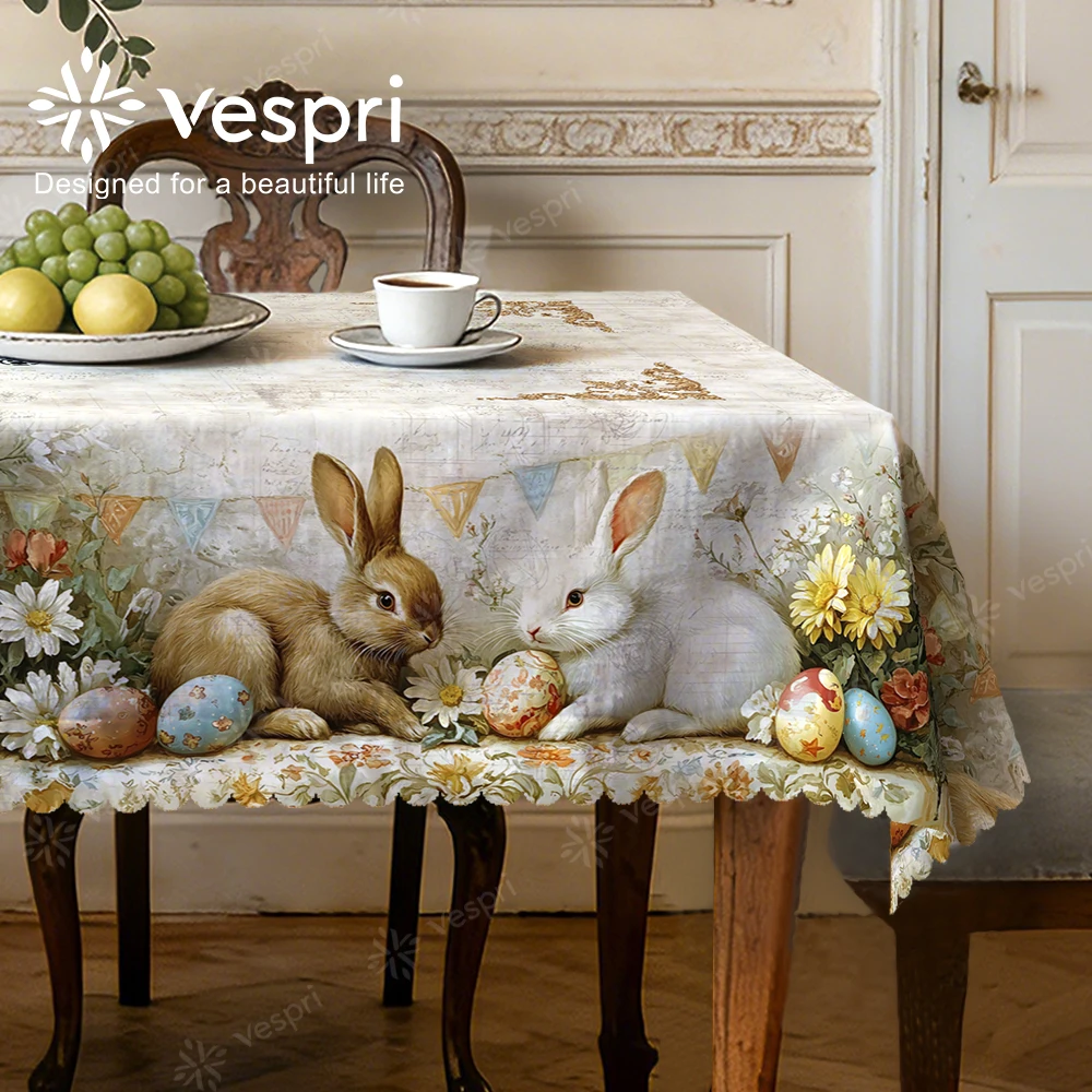 Vespri Oster-Tischdecke Weiß Beige Hasen-Blumen-Ei-Design Rund Rechteckig Oval Polyester Dekoration für Party Festival