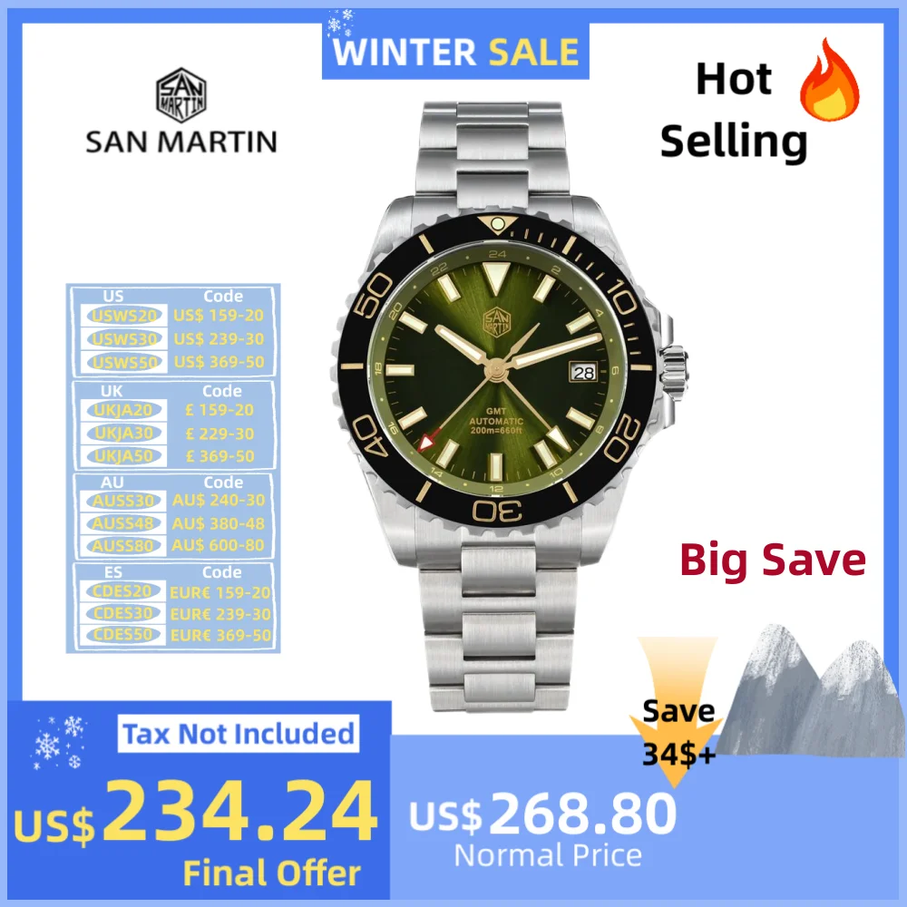 Reloj San Martin NH34 automático de 39mm para hombre, reloj deportivo GMT para buceo, esfera esmaltada de 20bar, reloj de pulsera con cuerda