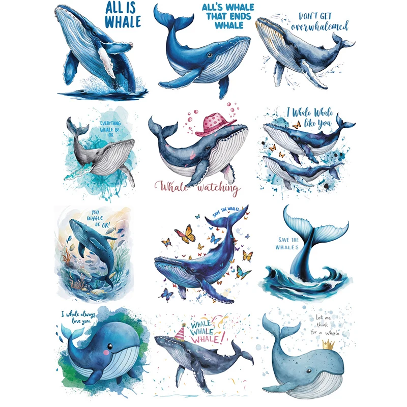 12Pcs/Pack Vintage Blue Whale Words Sticker DIY Craft Scrapbooking Album Junk Journal Decorative Stickers