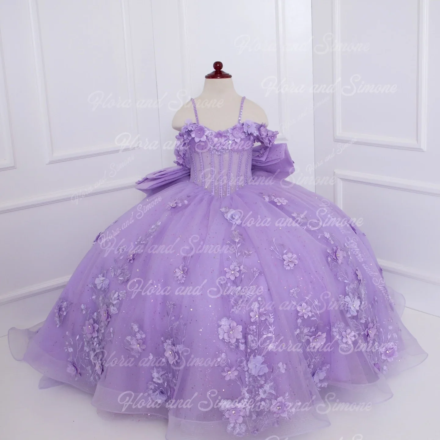 فستان فتاة الزهور الأرجواني ثلاثي الأبعاد لحفلات الزفاف بدون أكتاف لؤلؤ فاخر من التول للأطفال أول فستان حفلة عيد ميلاد إفخارستيا #5