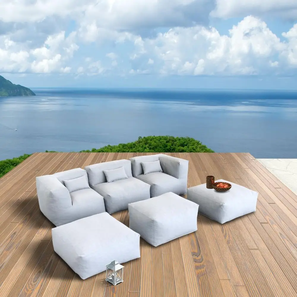 

6PCS Outdoor Patio Sectional Furniture Set with Double Lounger, 2 Chairs, 3 Ottomans, Filled Bean Bag Chairs, Modern Comfort Cou