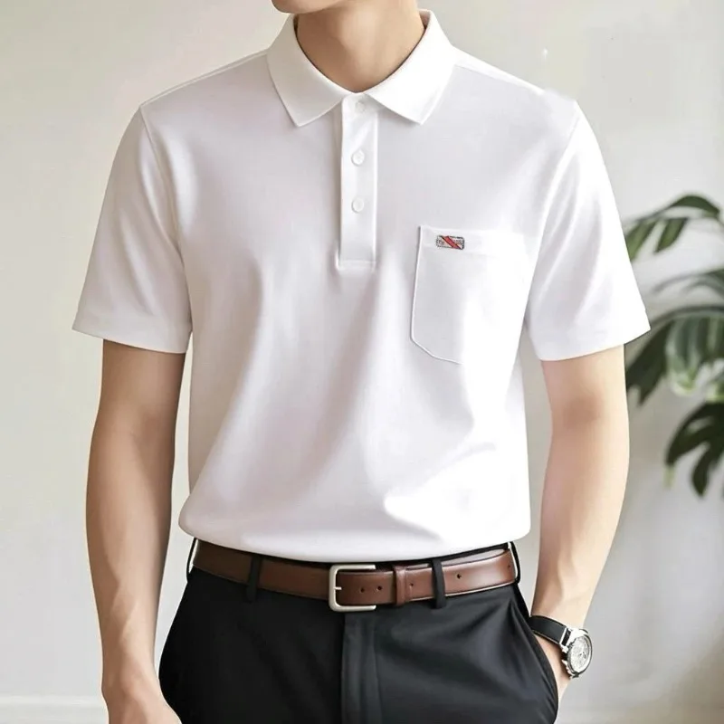 Men's  Cotton Polo Shirt Casual Short Sleeve Lapel Top with Real Pocket Business Daily Breathable Tee