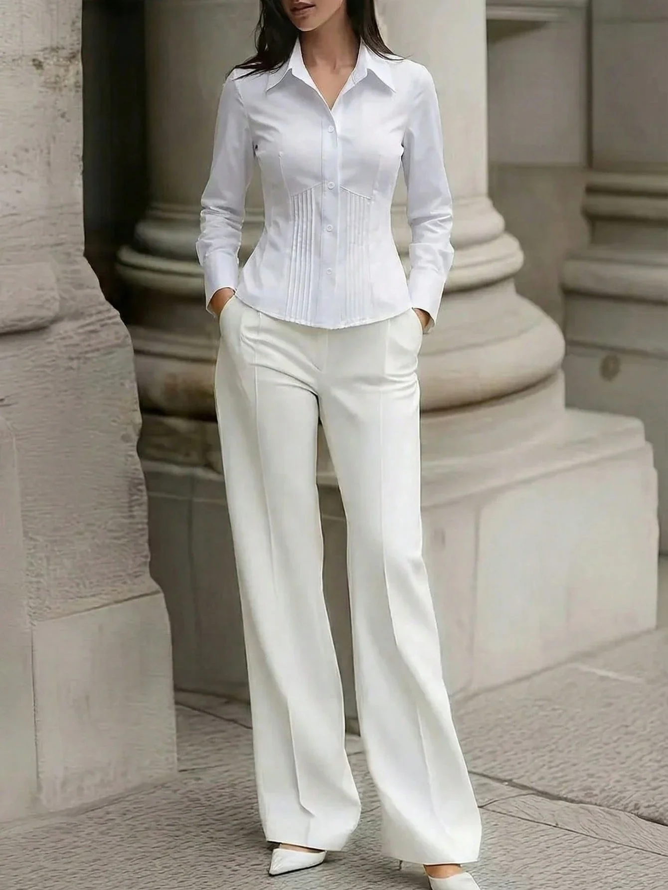 

Women's Solid White Button-Up Slim Fit Long Sleeve Shirt For Office Casual Elegant Wear