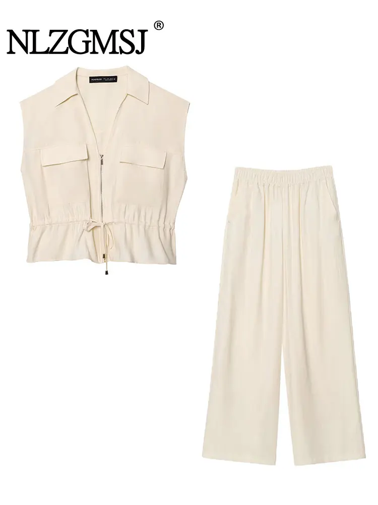 

Casual Solid Women Suit Zipper Sleeveless Shirt Loose Long Pants Chic Fashion 2025 Summer Basics Sets