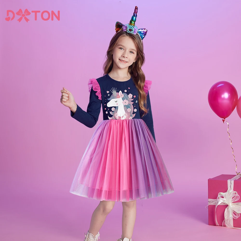 DXTON Winter Unicorn Toddler Princess Dresses Floral Print Kids Tutu Mesh Dress Crown Holiday Party Children's Cartoon Clothing