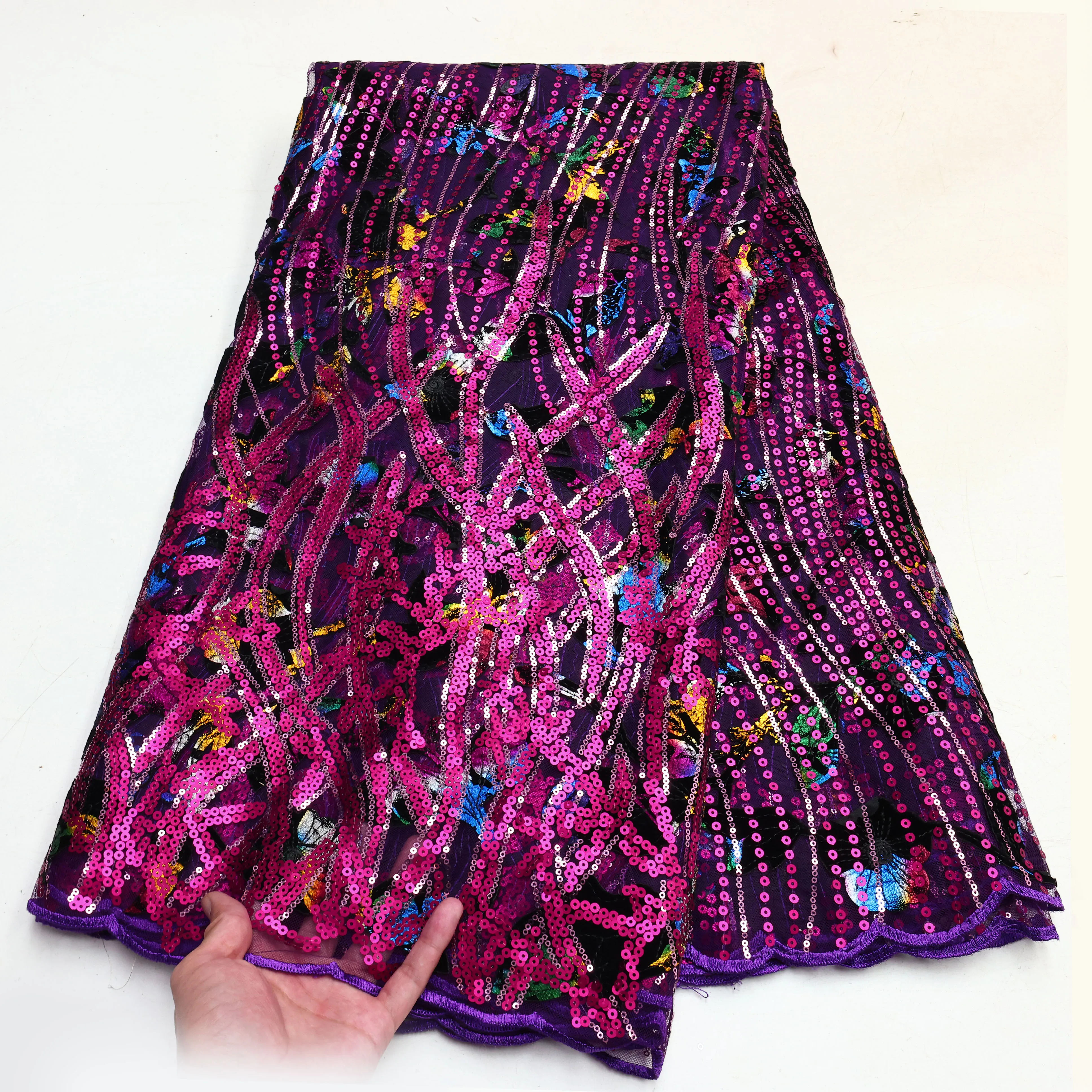 新着スパンコールレース生地アフリカ最新チュールレース素材高級刺繍スパンコールメッシュウェディングパーティードレス生地