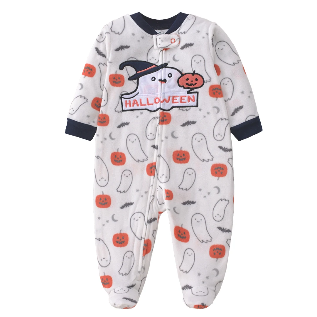 Halloween Cute Embroidered Baby Romper with Feet Warm Fleece Zipper Newborn Boys Pumpkin All-Over Print Autumn Winter Outfit 2