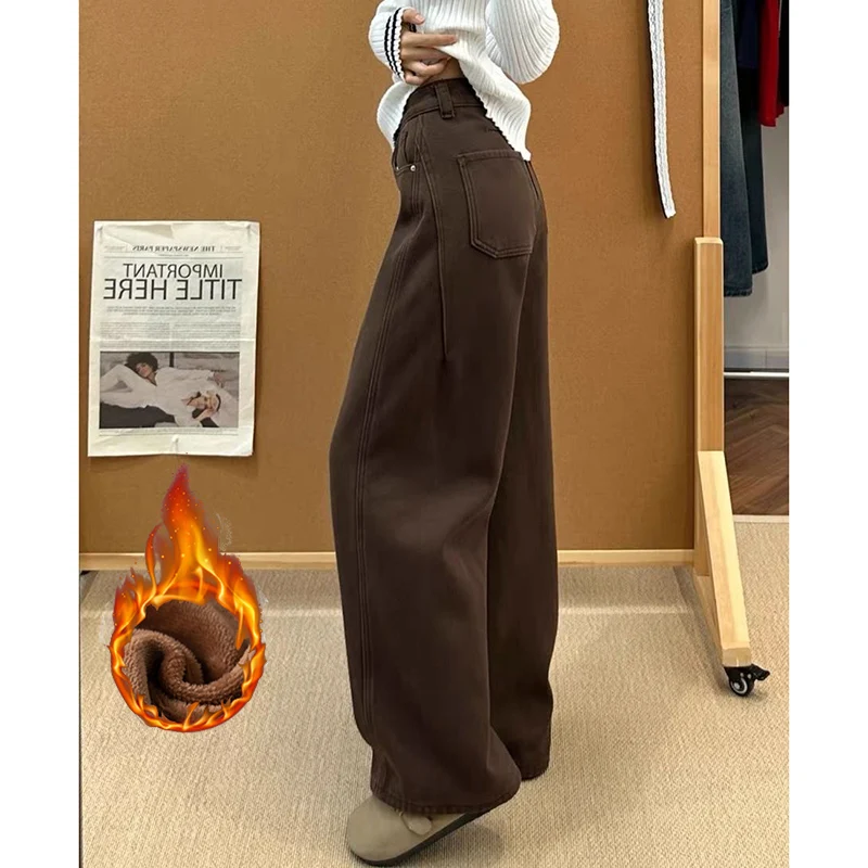 Winter Female Thermal Velvet Wide Leg Jeans Girls Chic Brown High Waist Snow Warm Trousers Lady Baggy Fleece Denim Pants