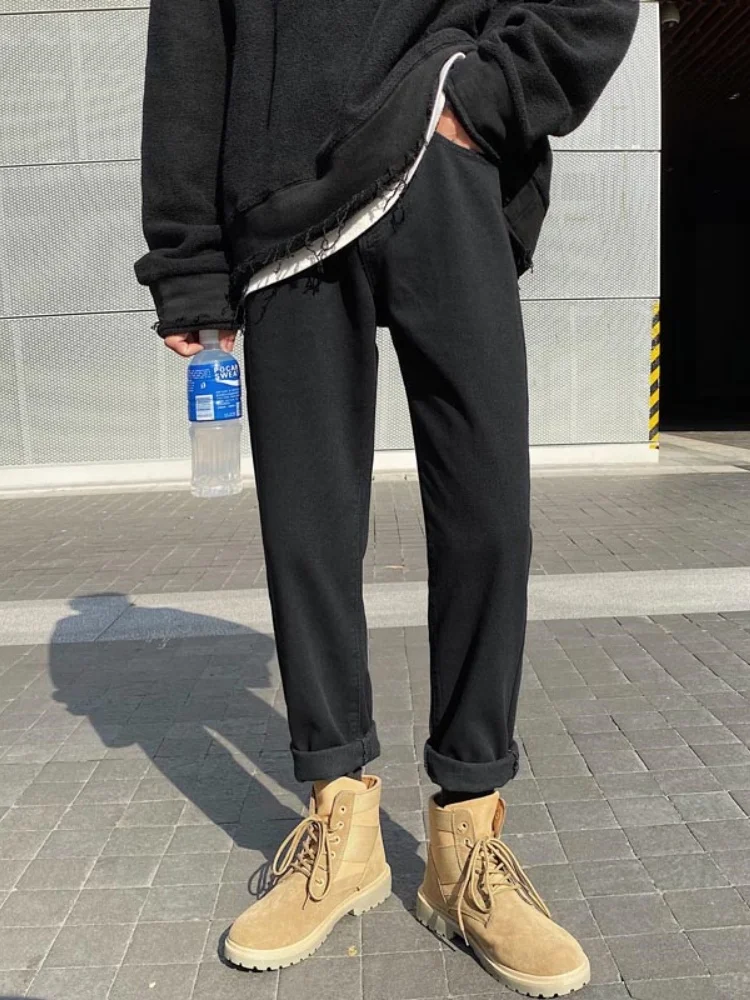 

Black Straight Leg Loose Fit Men's Jeans Stylish Spring Autumn Trendy Large Size Long Pants Wear Resistant Youth Fashion