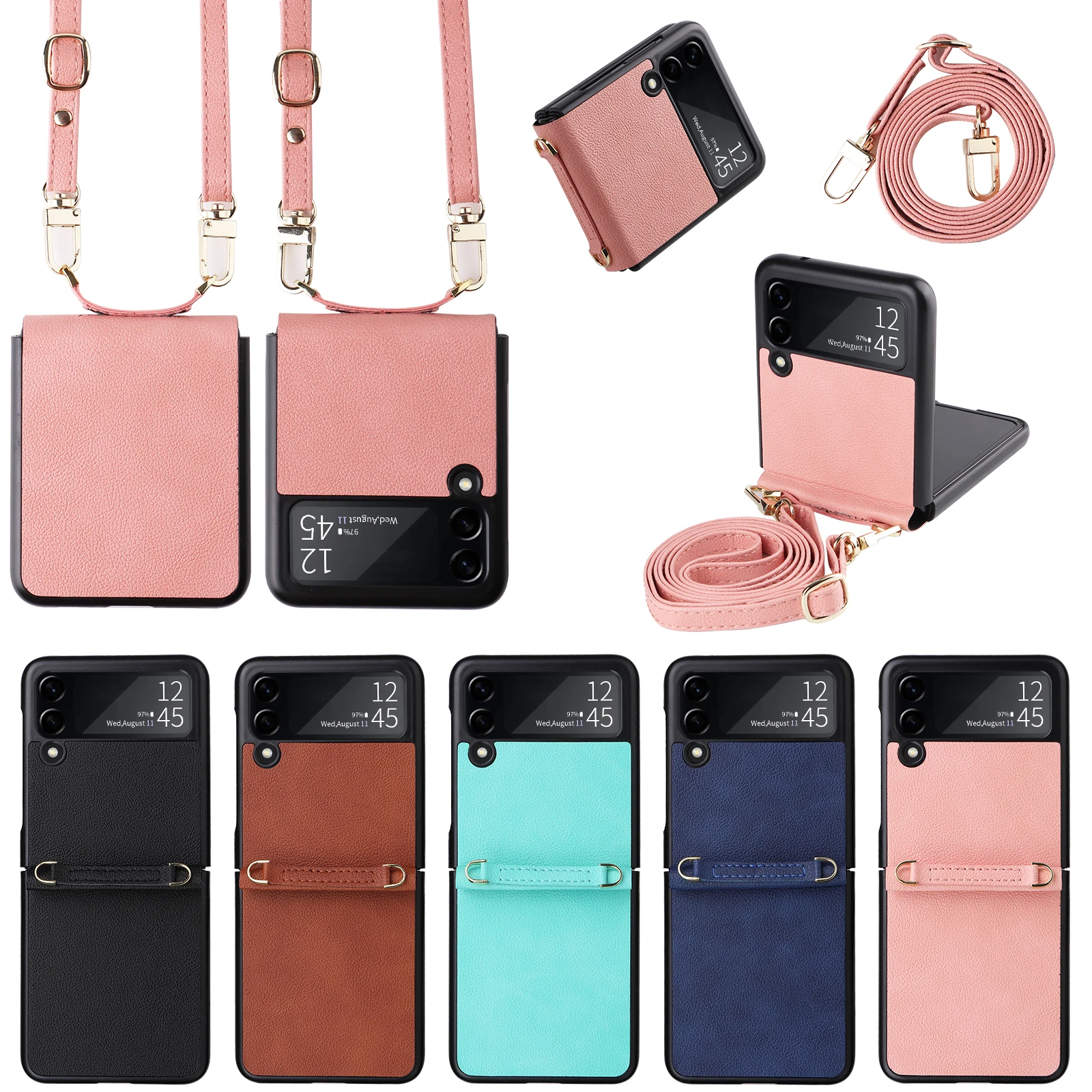 Anti-Drop Precise Cutout Leather Wallet Case for Samsung Galaxy Z Flip4 Flip 4 Flip3 Flip 3 5G Zflip4 Phone Strap Cover Cases