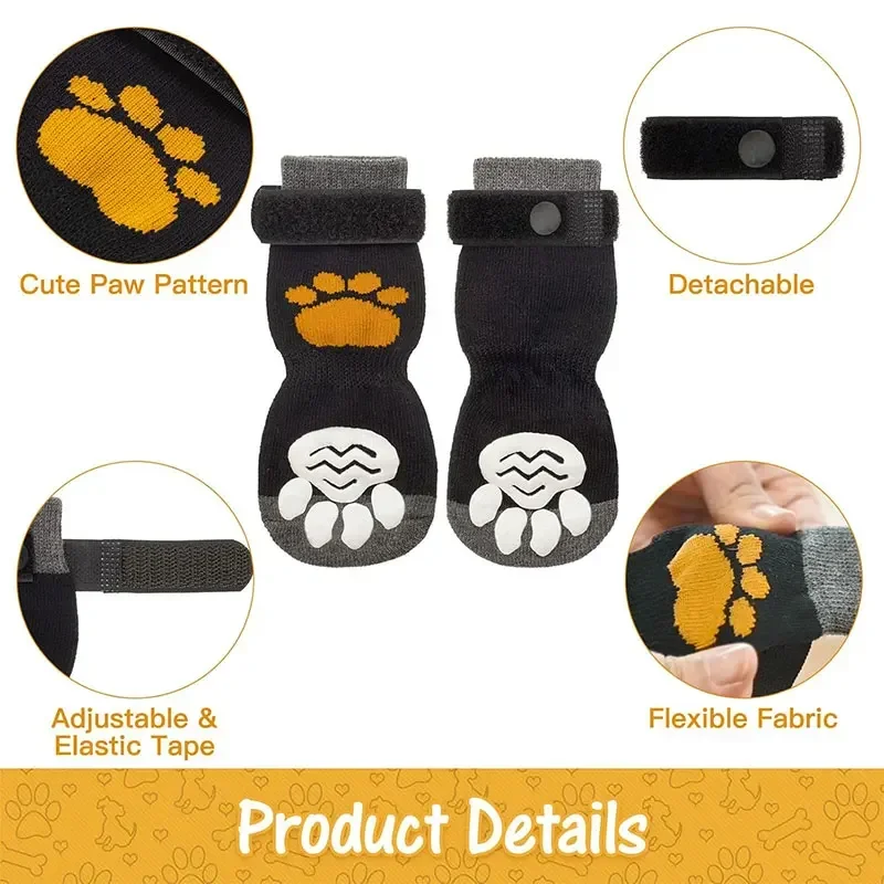 4pcs  Anti-Slip Dog Socks Adjustable Pet Non-Slip Paw Protection with Paw Pattern for Puppy Dog Indoor  Control Wear on Floor