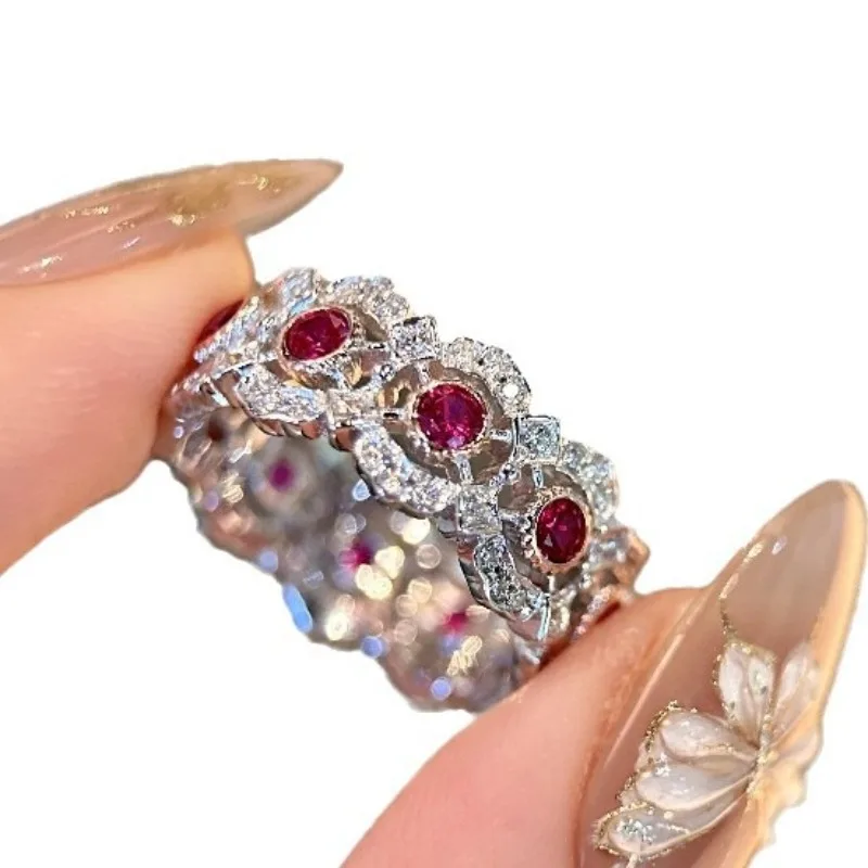 Light luxury silver 925 inlaid diamonds vintage hollow out lace ruby rings for women gorgeous style showy wedding ring jewelry