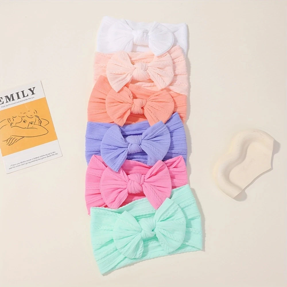 

6 шт., милые вязаные повязки на голову с бантиками, набор эластичных тюрбанов для маленьких девочек, мягкие нейлоновые детские головные уборы, аксессуары для волос