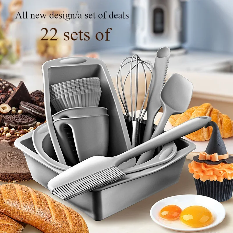 22 Baking Accessories Silicone Cake Mould Muffin Cup Toast Plate Silicone Scraper Oil Brush Egg Beater Kitchen Accessories