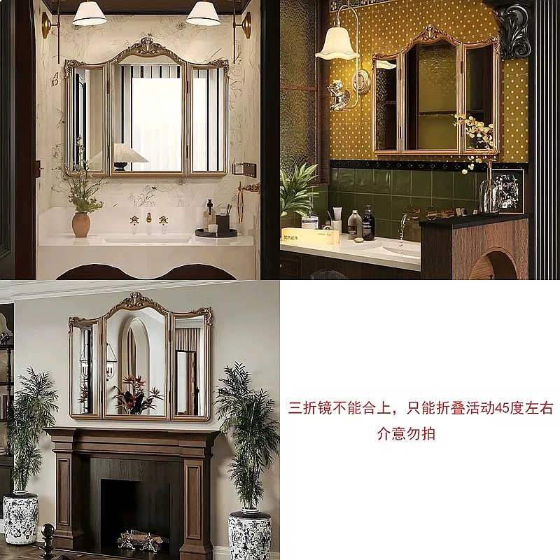 French Vanity Mirror Desktop 3-Fold Dressing Mirror Vintage Bedroom Makeup  Wall Mounted Bathroom Mirror