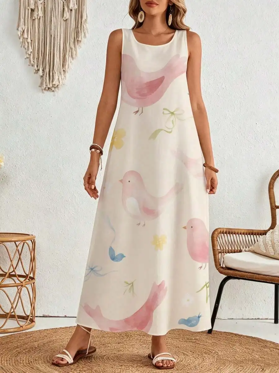 

Sleeveless Maxi Dress Cream Bird Flower Print Summer Beach Vacation Wear