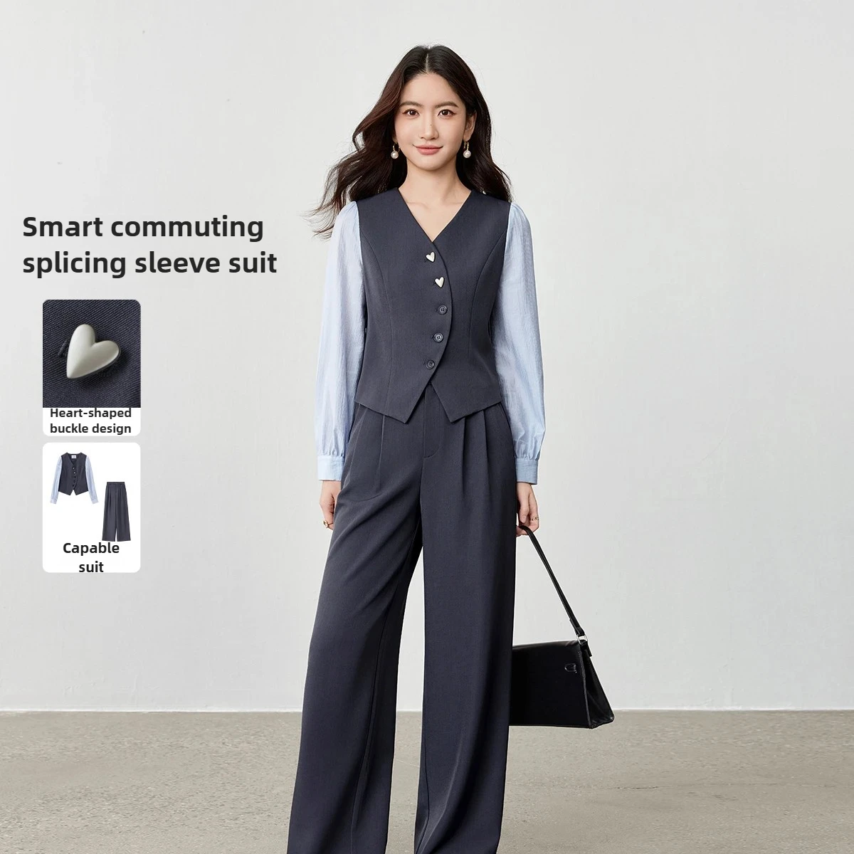 

SENTUBILA Women's Commute Pant Sets 2025 Autumn Long Sleeve Fake Two-piece Tops Placket Straight Pants 2 Piece Sets 153ZA2601