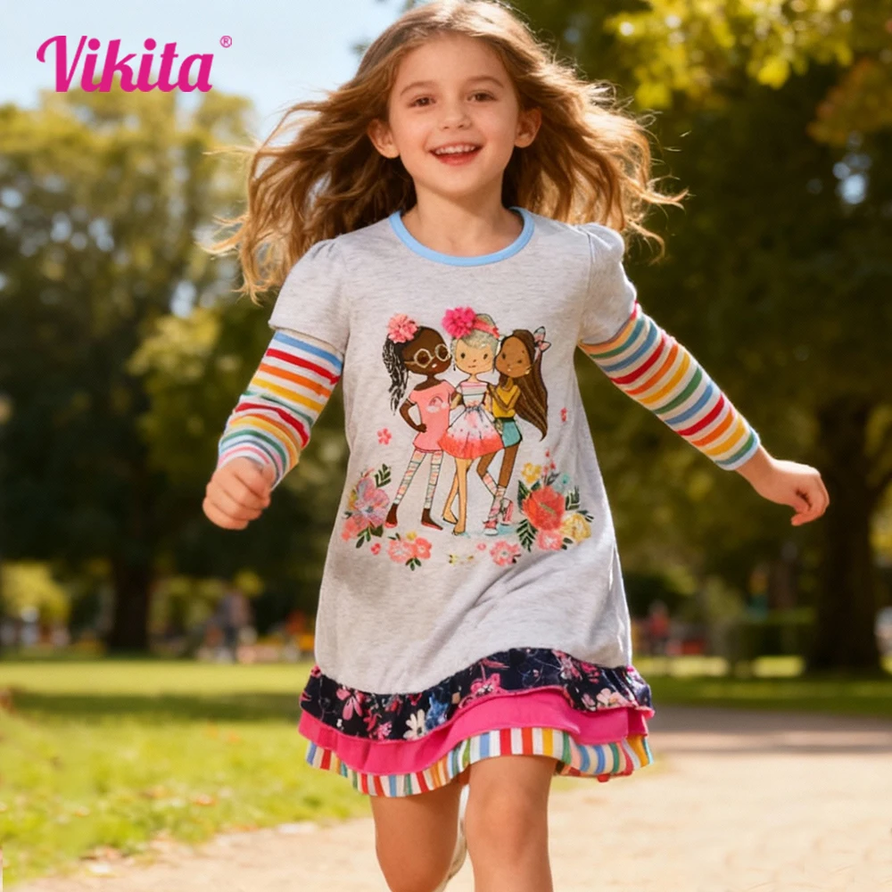 VIKITA Kinder Baumwolle Casual Kostüme Kleinkinder Herbst Frühling Minikleid Kinder Blumen Puppe Druck Regenbogen Prinzessin Alltagskleidung