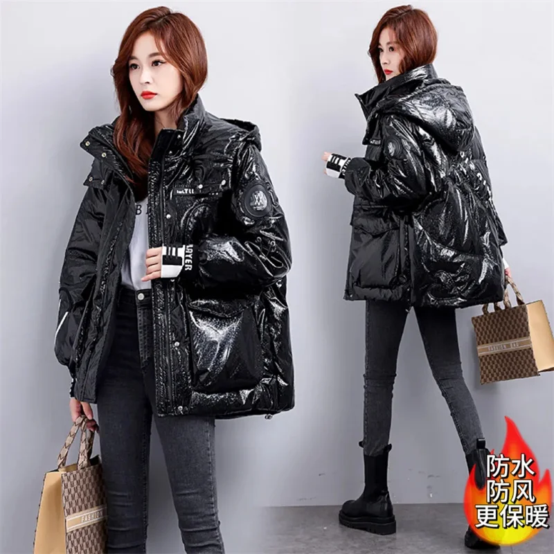 Winter Windproof Glossy Fashion Letter Embroidered Down cotton Jacket Women\'s Hooded Thick Warm Loose Coat Short cotton Parka