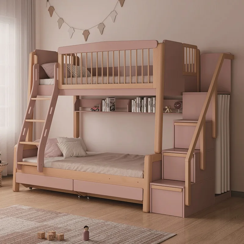 

Factory Direct Wooden Furniture Double Bed Solid Wood Bunk Kids Bed with Stairs Ladders for Adult Children