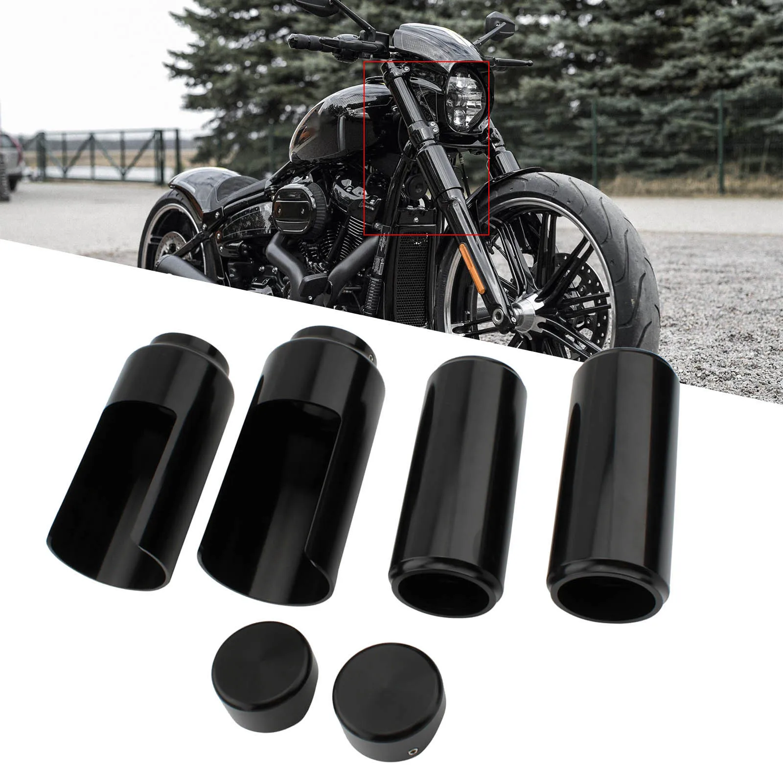 Motorcycle Black Front Fork Boot Covers Motorcycle Pipe Cap Set for Harley Softail Breakout FXBR FXBRS 2018 2019 2020 2021