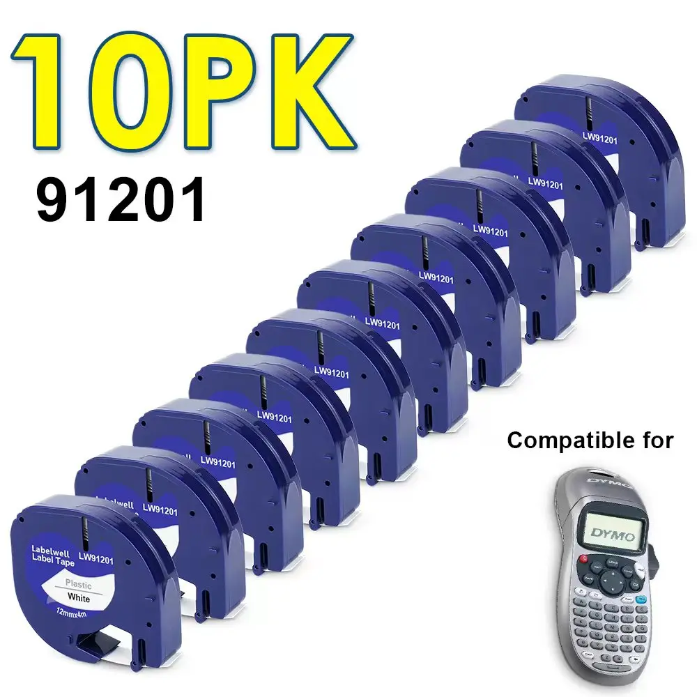 10PK Compatible Dymo LetraTag 91201 12267 91202 12mm LT Label Tape 91200 91203 91204 91205 for Dymo LetraTag LT-100H Label Maker