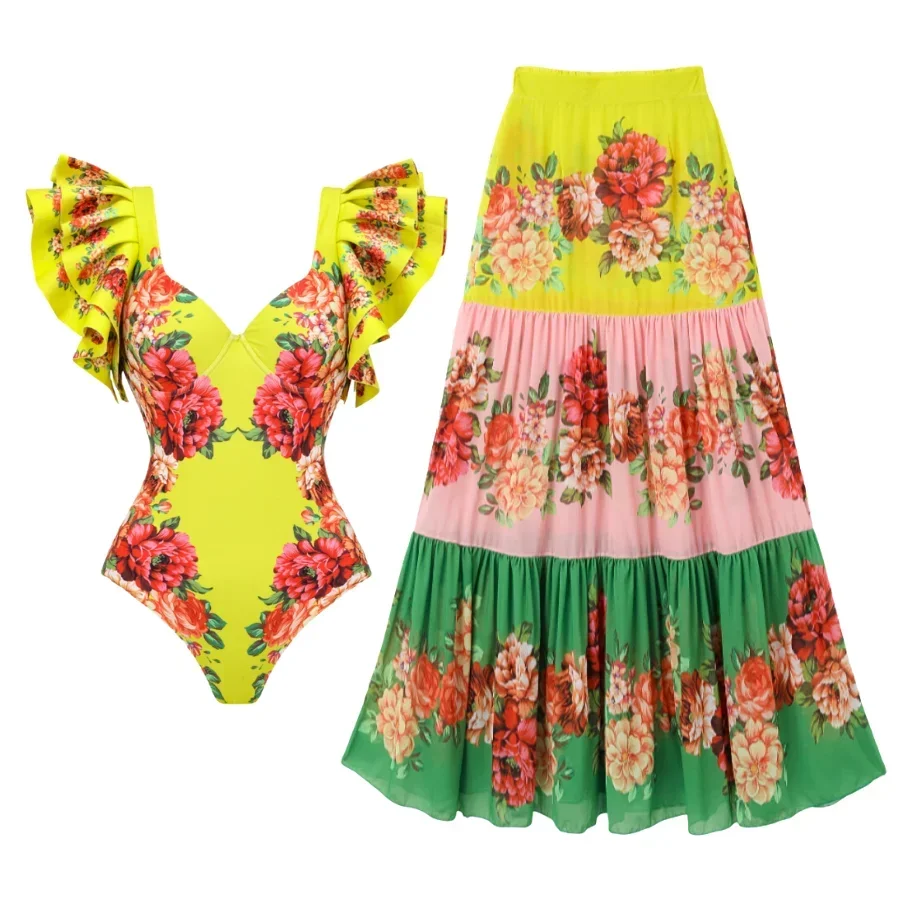 2024 Ruffles Colorful Flower Print One Piece Swimsuit and skirt Swimwear Set Women Beachwear  Clearance Wholesale