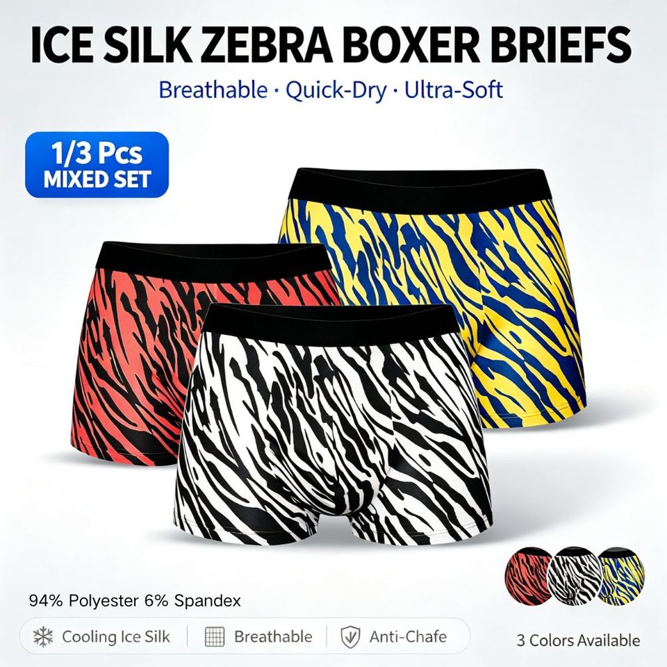  3Pcs Set Men's Zebra Print Ice Silk Boxer Briefs Quick Dry Breathable 3D Pouch Anti-Chafe Underwear for Gym Office Daily Wear 