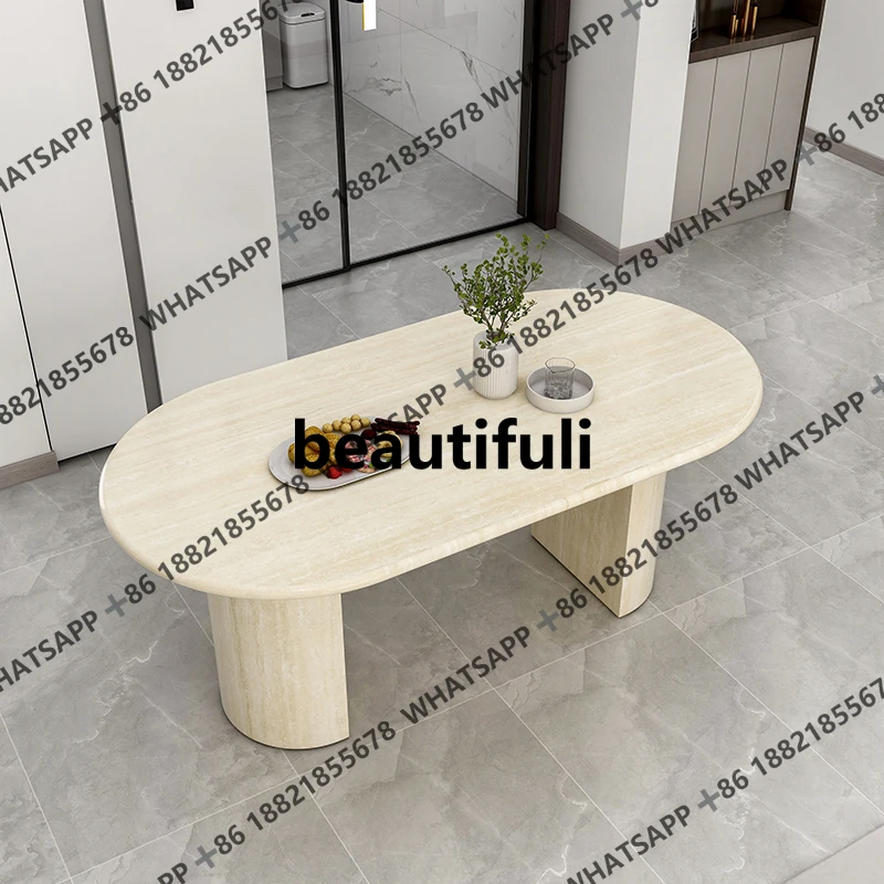 

Travertine dining table natural marble household French oval modern simple small apartment retro restaurant