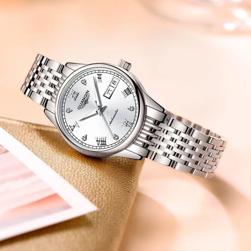 Guanqin relógio mecânico feminino de luxo movimento automático caixa aço inoxidável 32mm dial data semana lazer relógios à prova dwaterproof água