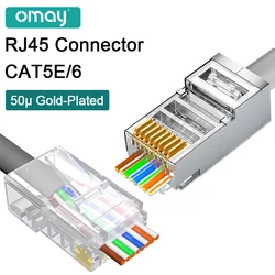 Conectores OMAY CAT6 CAT7 CAT5E RJ45, paso a través de la red de enchufe Modular UTP 3/50μ, extremo de engarzado 8P8C chapado en oro para Cable Ethernet