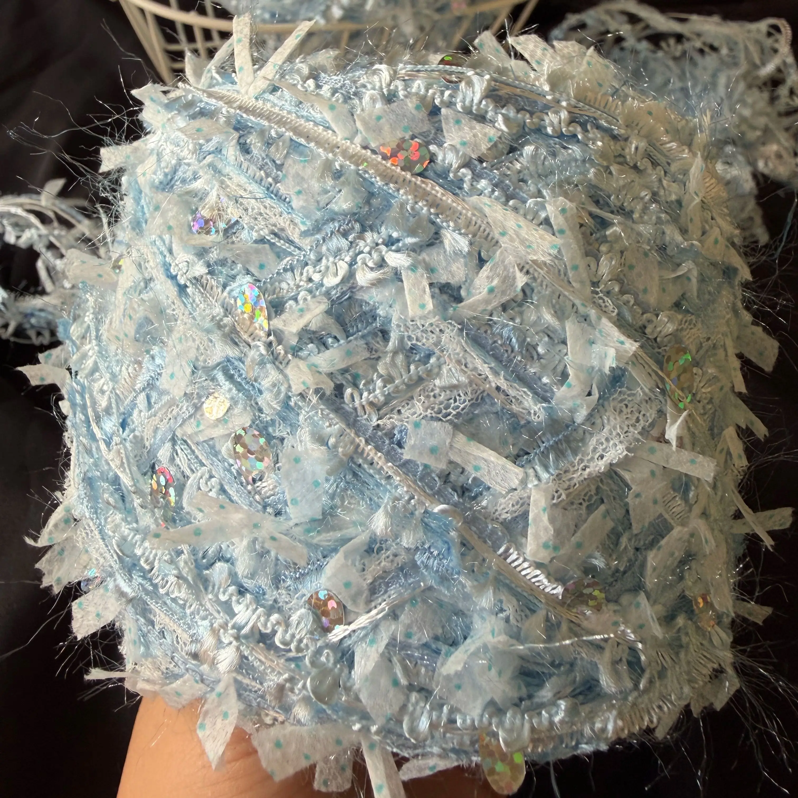 100g Per Skein Ice Blue Sequin Lace Hand Blended Yarn Fluffy Fancy Yarn for Crochet Knitting DIY Bag Scarf Craft view 3