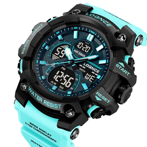LOQNCE, reloj electrónico informal deportivo a la moda para hombre, pantalla Digital Dual, correa de silicona, relojes luminosos con alarma a prueba de agua para hombre