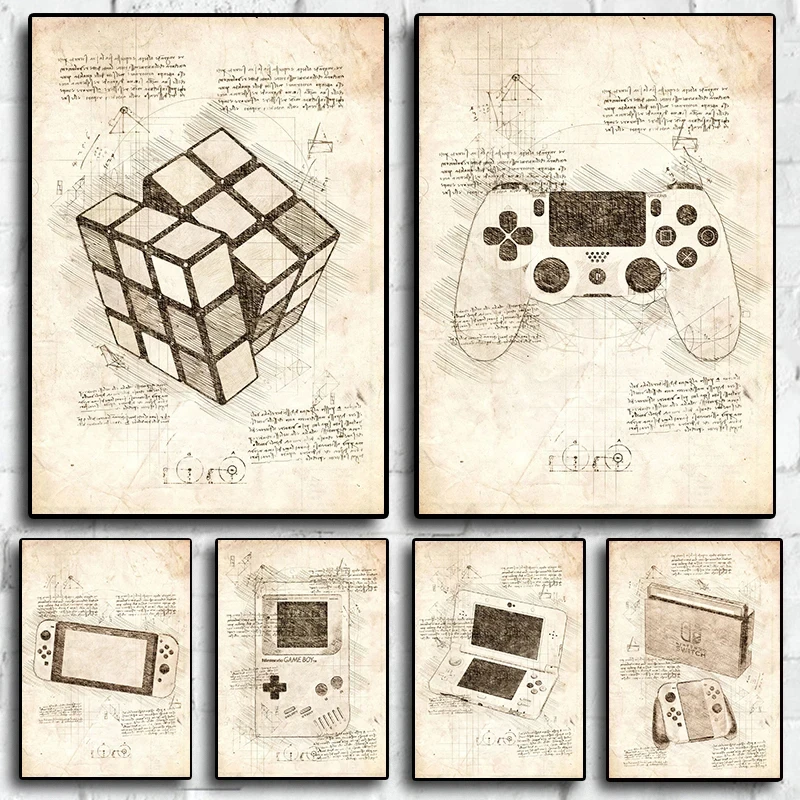 1pc frameless Pop Vintage Sketch Video Game Handle VR Gaming Poster Wall Art Pictures Canvas Painting Gamer Room Home Decor