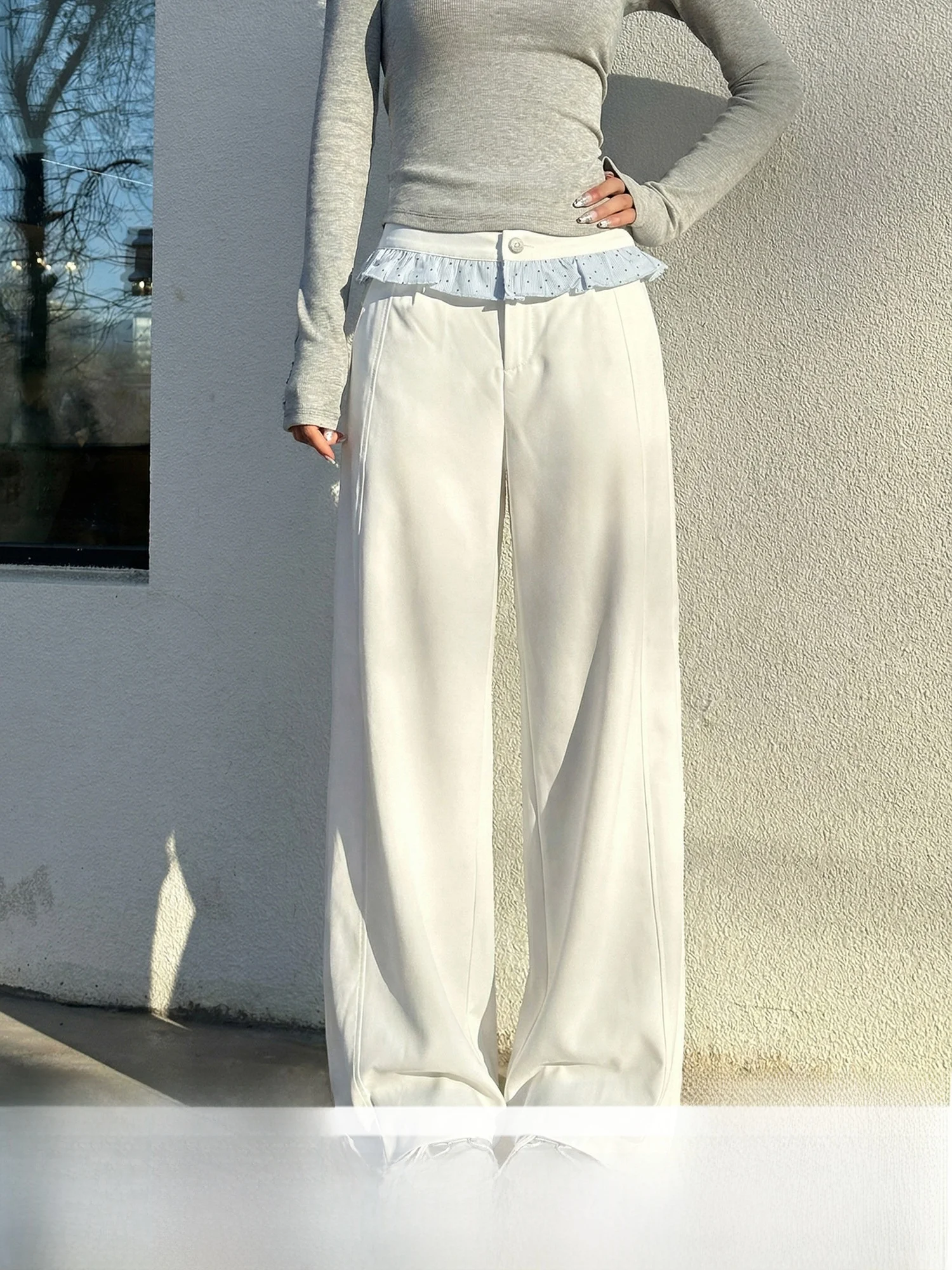 

Брюки женские повседневные, расклешенные, с высокой талией, прямого кроя, в пол, с белой кружевной отделкой, удобные