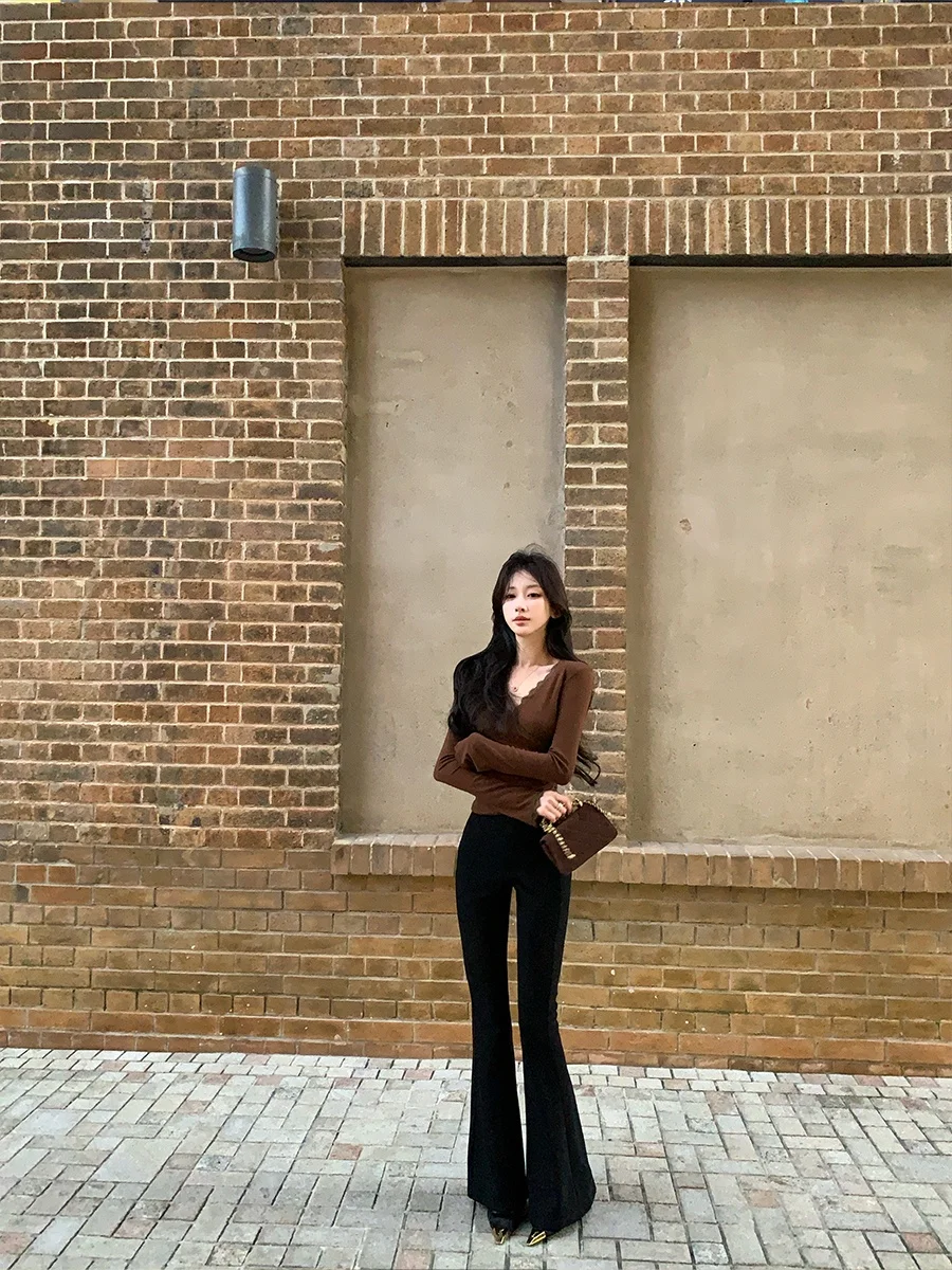 

High Waist Slim Fit Casual Pants Women's Floor Length Trousers ACHI Ultra Model Pants Bla Flared Loose Fit Polyester Fiber