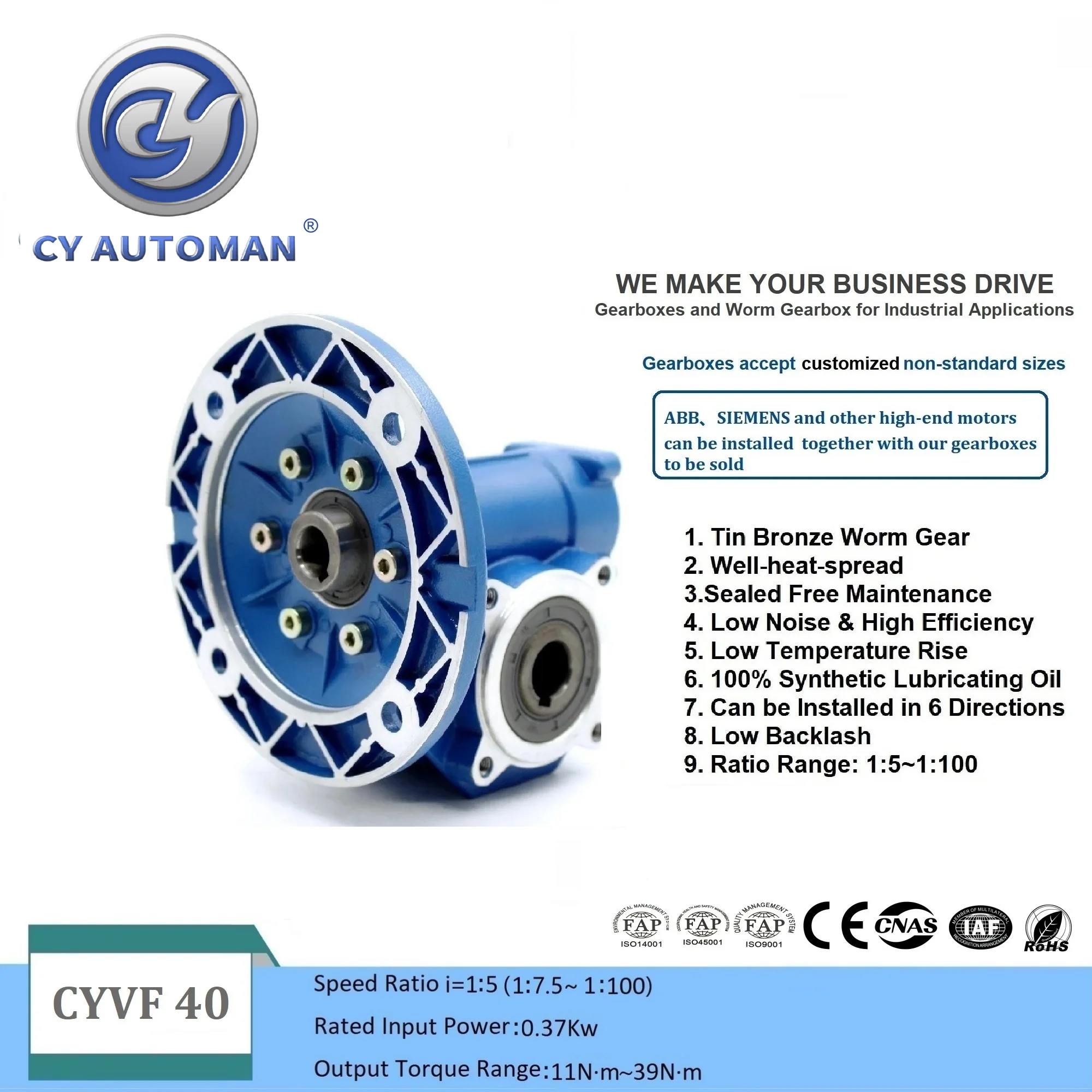 CY Automan High Torque CNC Worm Gearbox Worm Speed Reducer NMVF 040 CYVF40  Input 14/11mm Output 18mm Ratio 5:1/100:1