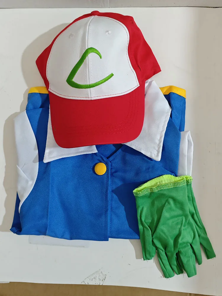 Ash Ketchum Figuren Herren Cosplay Kostüm Blaue Jacke Jungen Für Halloween Party Trainer Handschuhe Mütze Set Anime Weihnachtsgeschenk