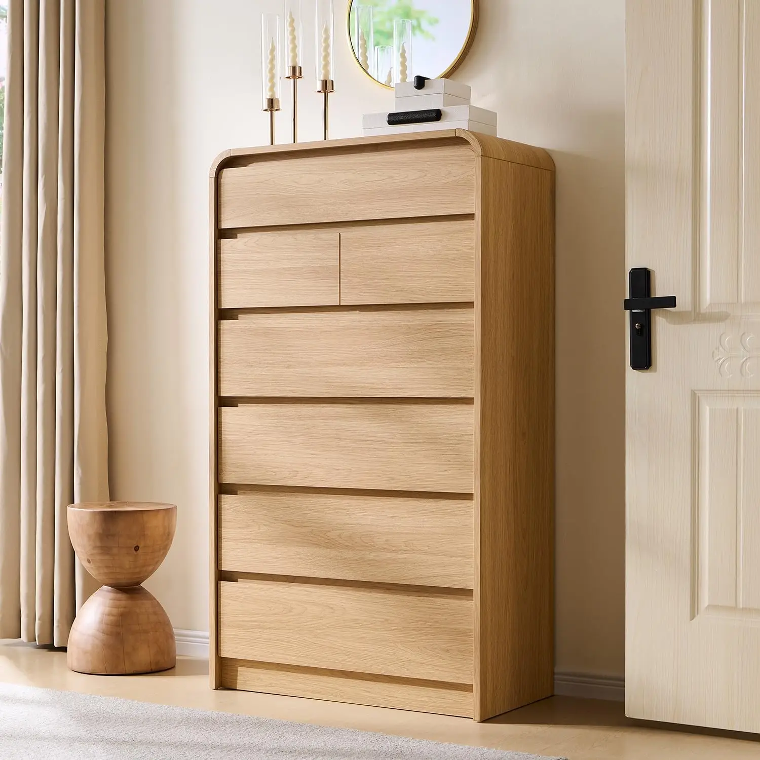 Luxury Medieval Natural Oak Curved Seven-Drawer Chest of Drawers, Solid Wood Storage Unit for Bedroom Living Room Decoration