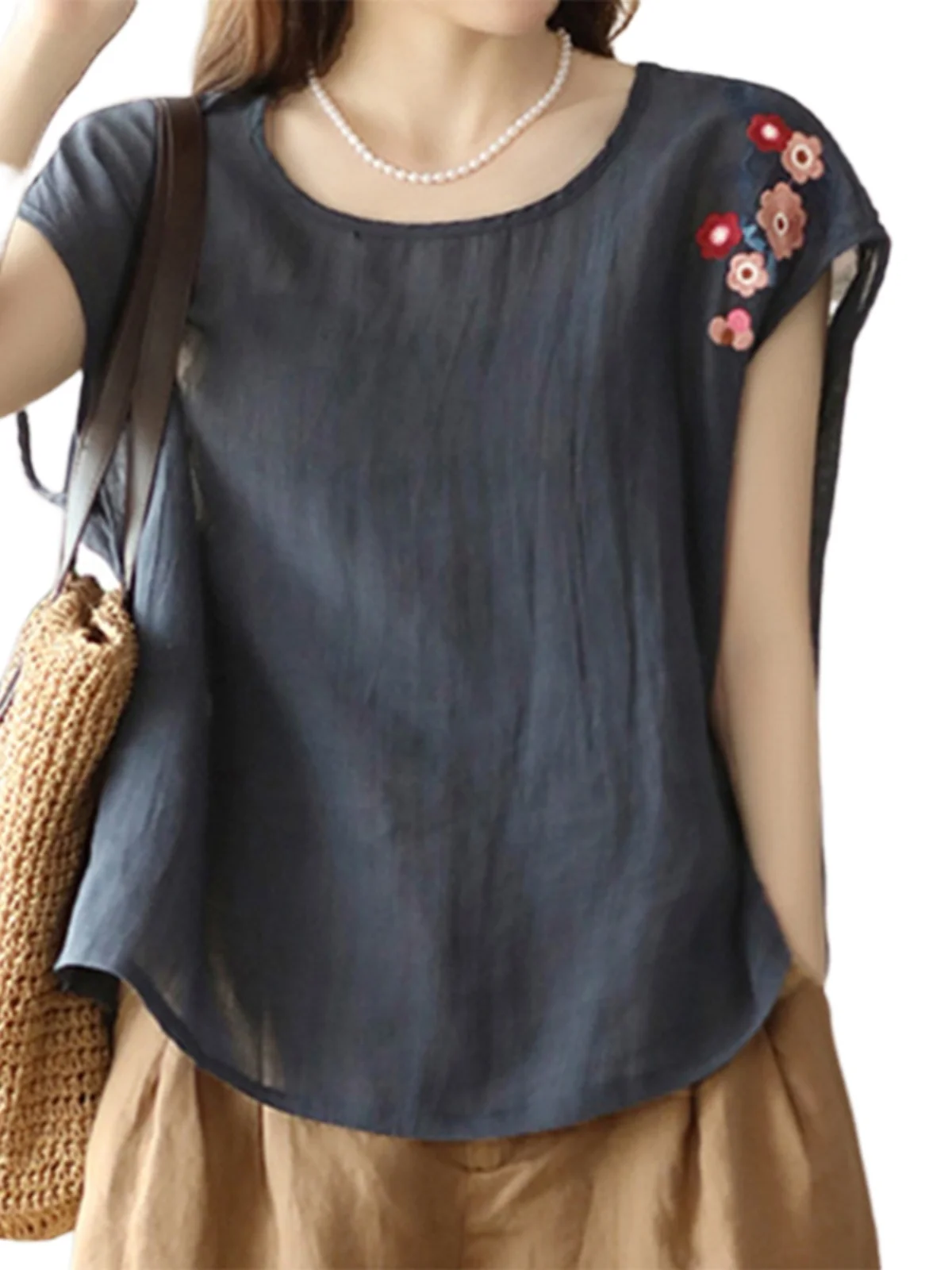 Linen Svel irt Women Summer Thin Japanese Sle Retro Heavy Embroidery Loose round Ne Cotton Linen Vest Top