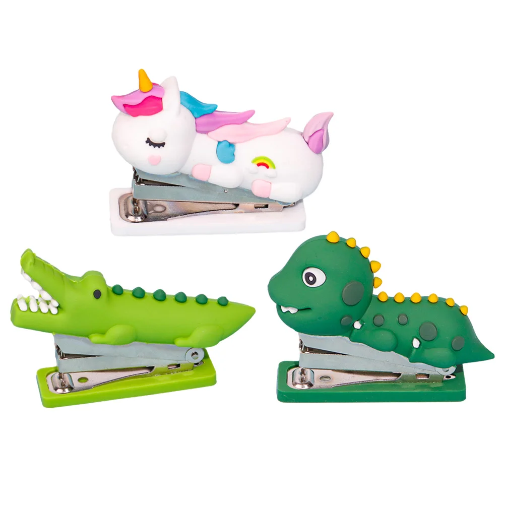 

3 Pcs Mini Cute Cartoon Stapler for Desk Office Stationary Reusable Small Handheld Silica Gel Kids Strong Mechanism Large