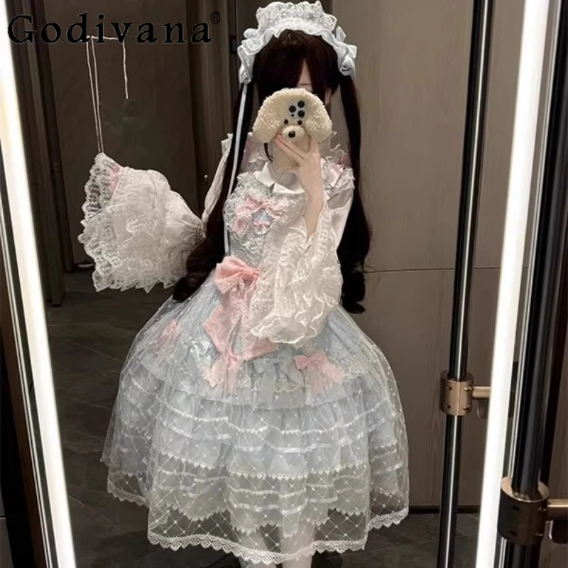 

Sweet Girl Lolita Dress Long Sleeve Shirt Two Pieces Set Gorgeous Elegant JSK Princess Dress Women Japanese Blue Pink Dress
