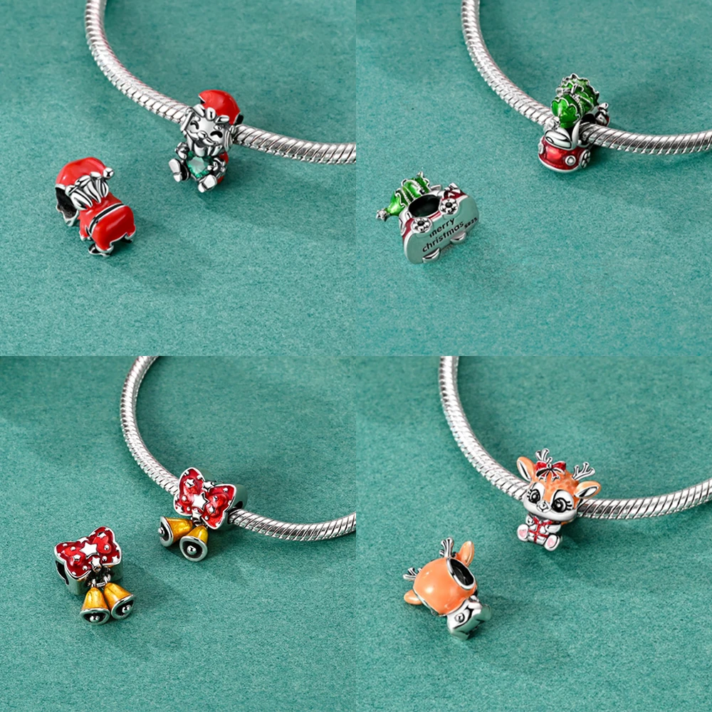 2025 New Original 925 Silver Red Bow Tie Car Christmas Deer Snowman Bead Fit Bracelet Diy Accessory Women Christmas Jewelry Gift